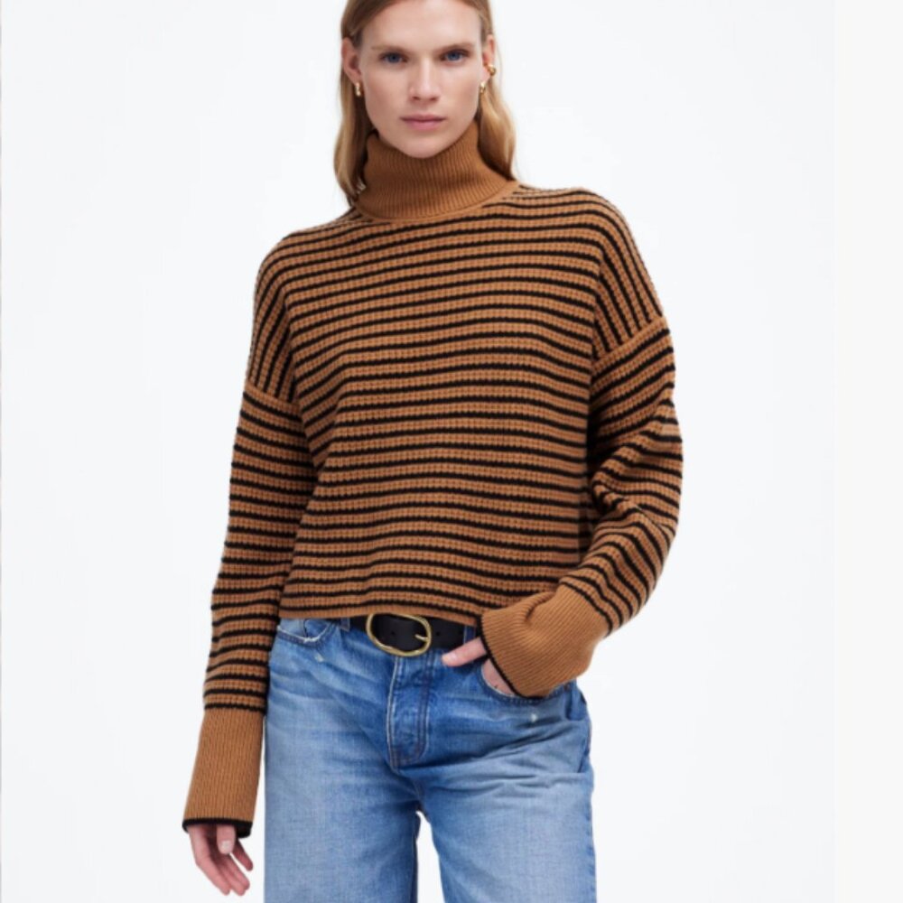 Wool Waffle-Knit Turtleneck in Stripe Size Medium